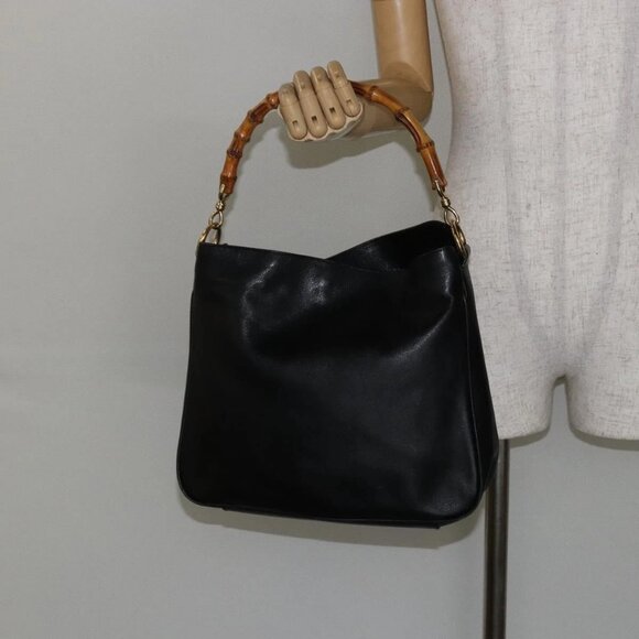 GUCCI Bamboo Hand Bag Leather Black Gold 001 3754 1638 Auth BA6049 - Picture 15 of 16